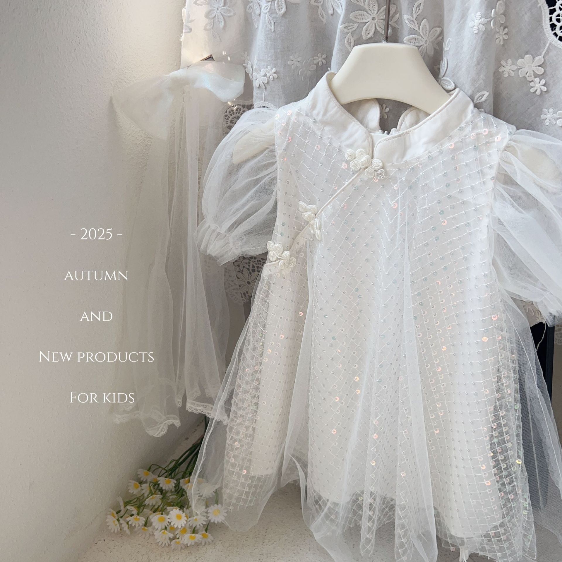 Children's Skirt 2026 Summer New Style for Girls 2019 Buttoned Mesh Dress + Veil Hairpin Two-Piece Set