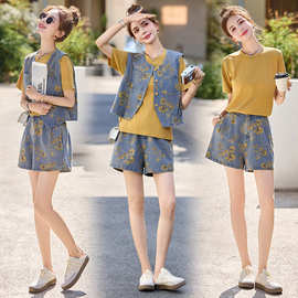 无袖印花牛仔套装女2025夏装新款一整套时尚减龄九分裤两件套潮流