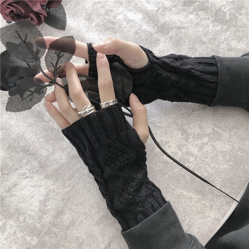 针织手套女秋冬露指手套男护腕保暖半指毛线手套纯色学生情侣假袖|undefined
