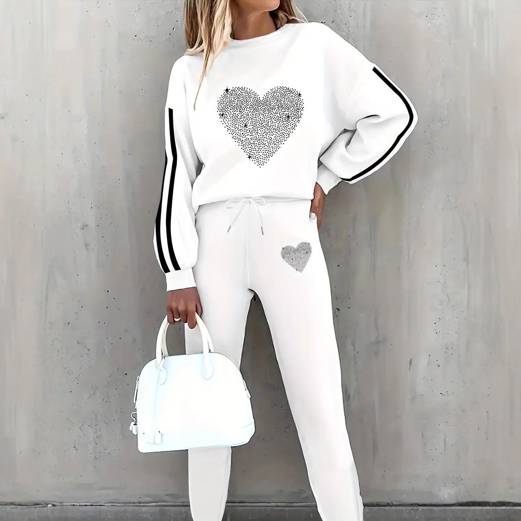 Oversized-Sweater-Set für Damen, zweiteilig, europäisch-amerikanischer Stil, Herzmuster, fleecegefüttert, lässig, 250 g/m², 9019 Print_voghion.com