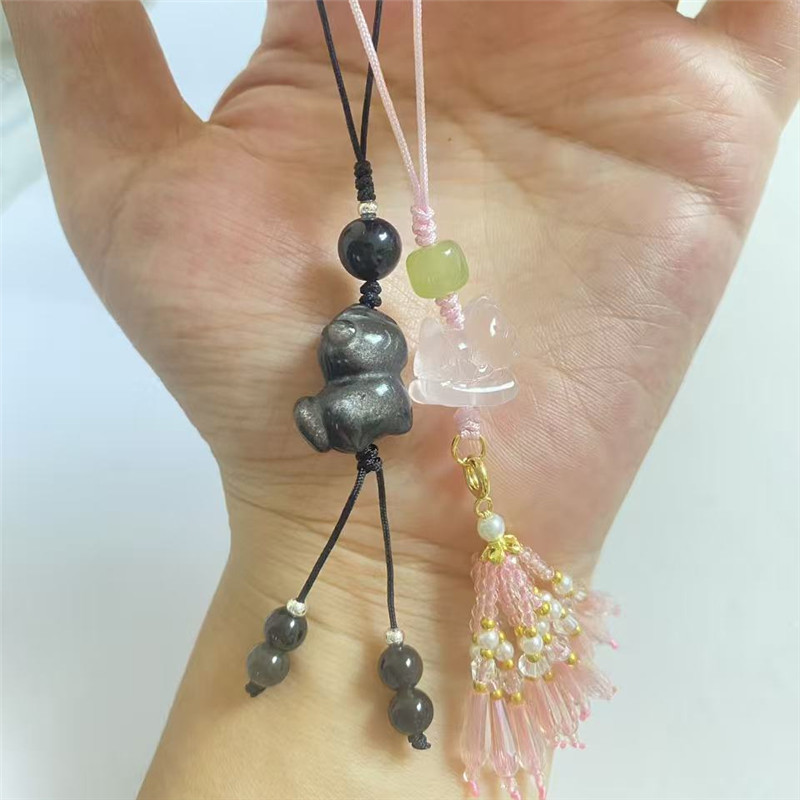 Natural Silver Stone Pony Mobile Phone Hanging Wholesale Mozambique Pink Crystal Double-Sided Carved Rainbow Horse Tassel Couple