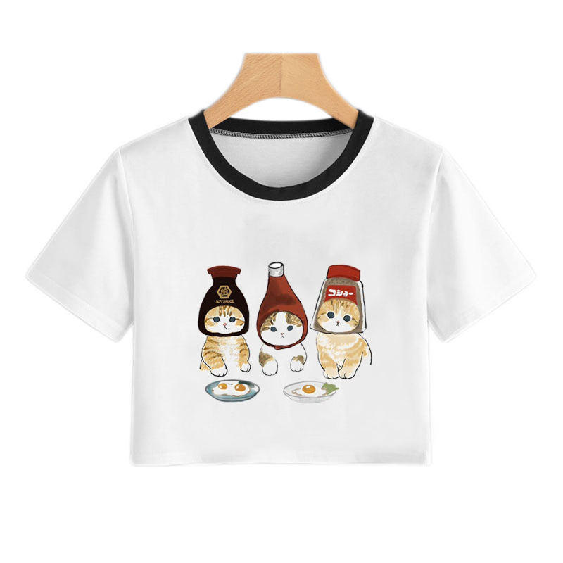 Cute Cat T Shirt Cropped Summer Cute Cartoon Cat Printed Navel White T-shirt for Women
