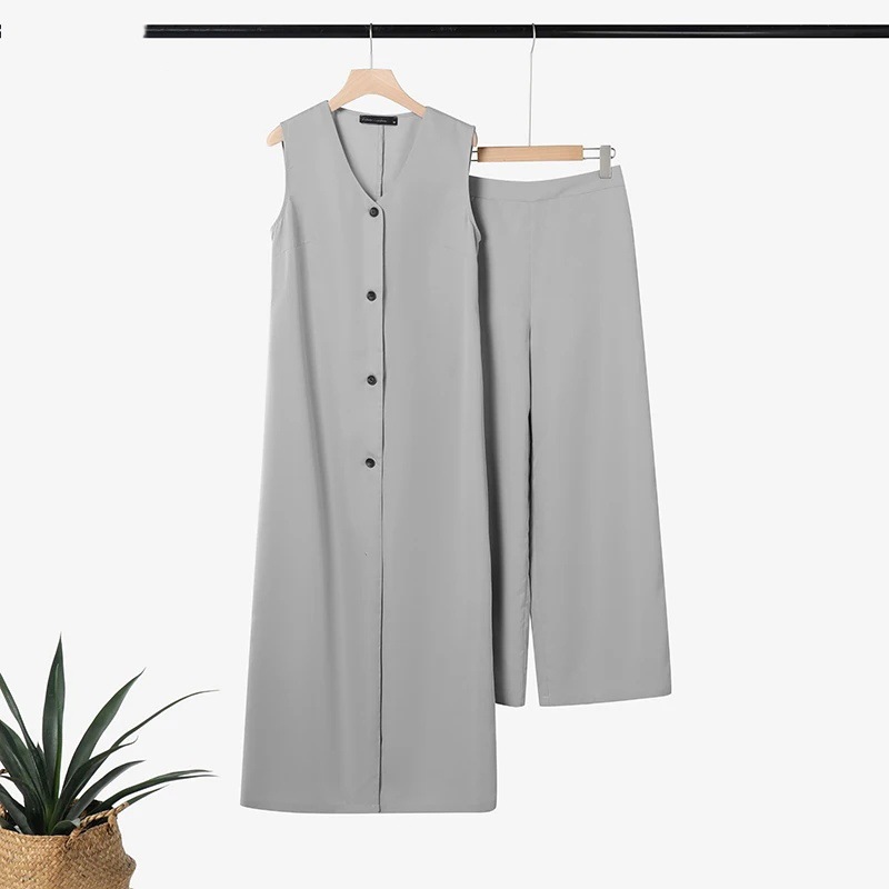 Women's Fashion Street Style Two Piece Set Sleeveless Long Top Wide Leg Pants Solid Color Summer_ecoleips.com