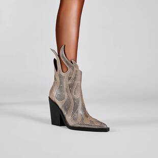 2024 Fashion New Punk Rhinestone Flame Design Small Square Head Thick Heel Ankle Boots Side Zipper Fashion Boots Women's Shoes Outer