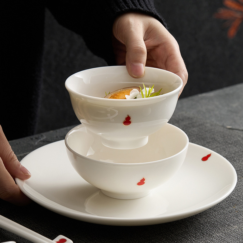 Jade Porcelain Fulu Red Dehua Tableware Set, Simple Rice Bowls for Hotel and Home Use, Gift-Giving, High-End Ceramic Wholesale Jade Porcelain Fulu Red Dehua Tableware Set, Simple Rice Bowls for Hotel and Home Use, Gift-Giving, High-End Ceramic Wholesale