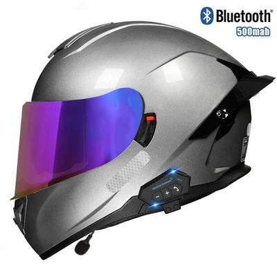 Motosiklet kaskı (dəbilqə) — motorcycle helmet double lens - silver-color-mirror-bluetooth-m