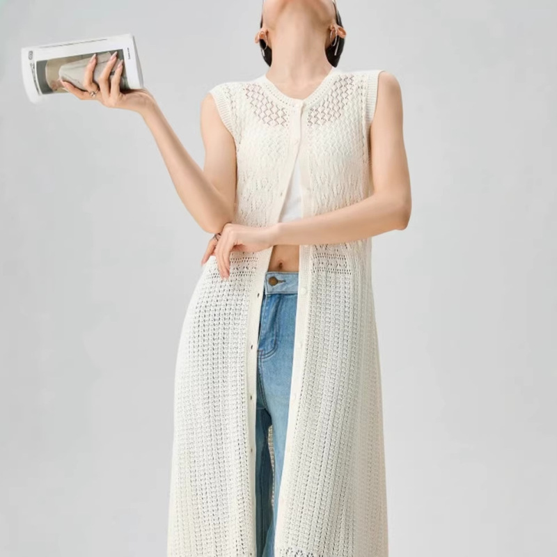French-Style White Hollow-Out Knit Cardigan, Summer Outerwear, Long Cover-Up, Sun Protection Air-Conditioning Shirt, Sleeveless Vacation-Style Dress French-Style White Hollow-Out Knit Cardigan, Summer Outerwear, Long Cover-Up, Sun Protection Air-Conditioning Shirt, Sleeveless Vacation-Style Dress