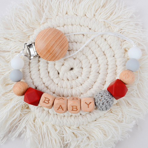 New Beech Wood Teether Beech Wood Letter BABY Silicone Octagonal Bead Cable Knit Chain Prevention