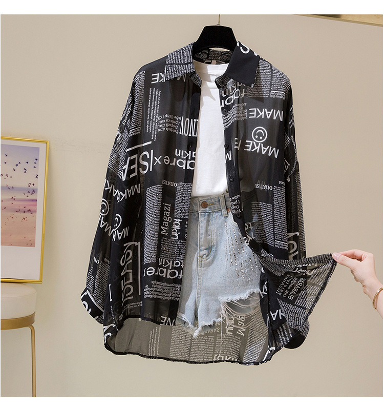 Damenbekleidung, lockeres Hemd, Damen, Sommer 2024, schickes Retro-Langarmshirt mit Zeitungsmotiv, Sonnenschutz, Cardigan für Damen_voghion.com