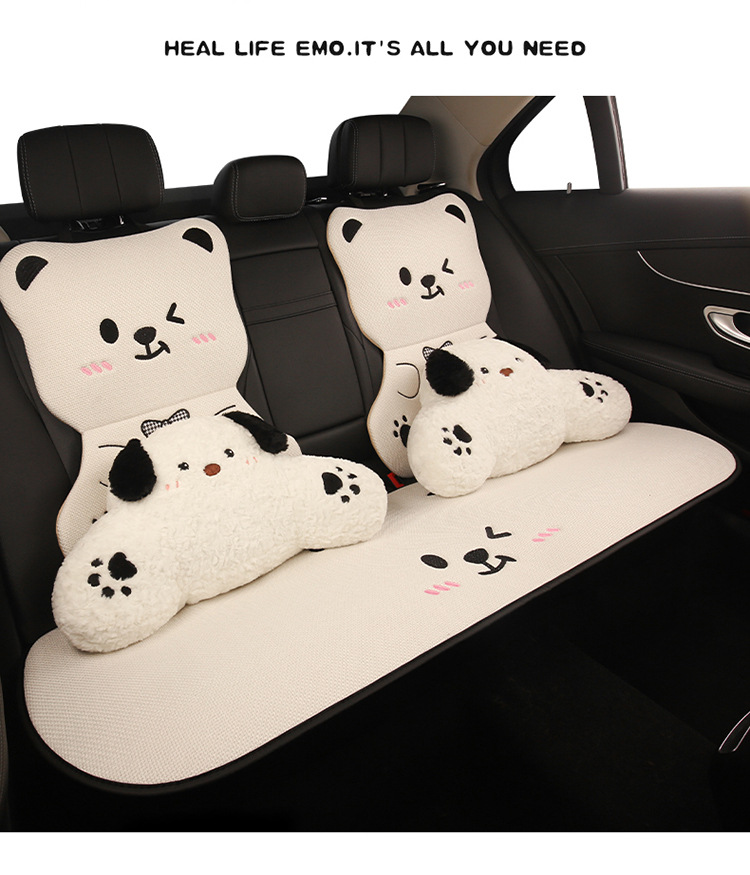 Car Seat Cushion Bear Cartoon Four-Season Universal Non-Slip Anti-Dirt Linen Seat Cover Protective Cover Full-Cover Linen Cartoon