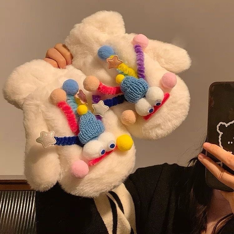 手套女冬季保暖卡通连指手套加厚毛绒护手套挂脖学生防寒骑车手套