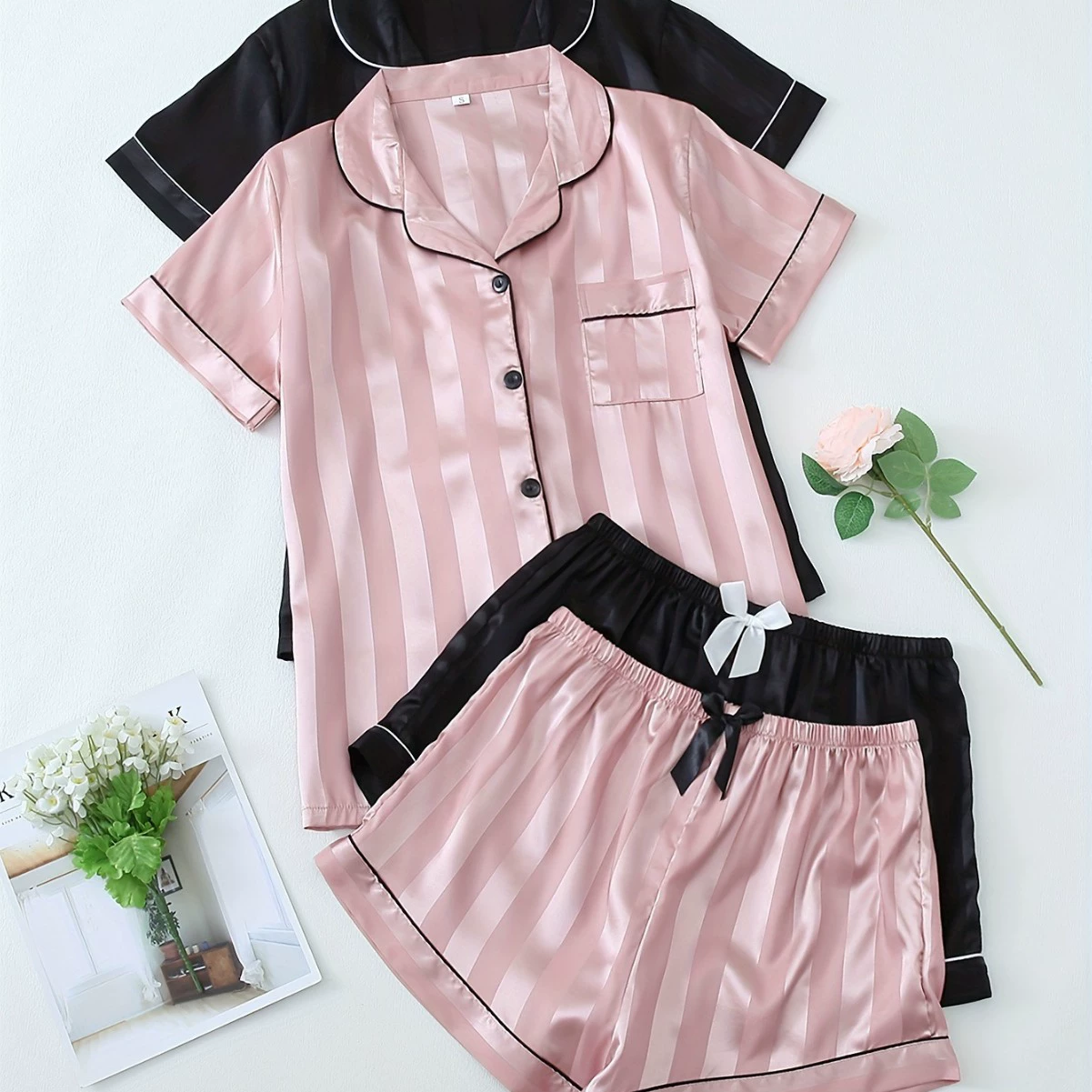 2025 трансграничная новая европейская и американская 2 комплекта роскошных женских полосатых атласных пижам для повседневной носки, дропшиппинг