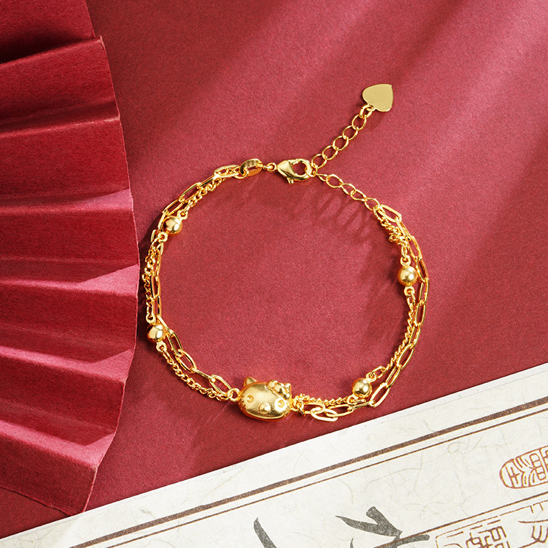 Nuevo estilo chino de la pulsera de oro de arena vietnamita de moda nacional doble capa lindo gatito joyas de mano femenina alta joyas al por mayor