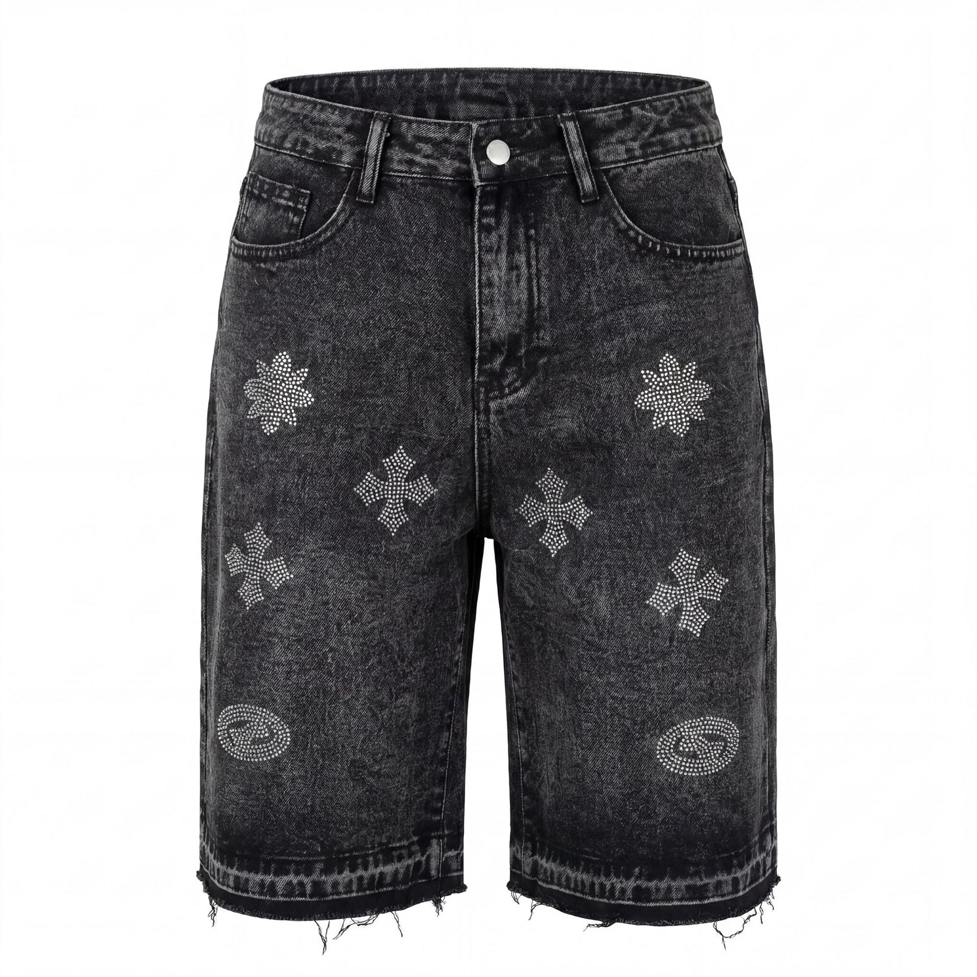 Abbigliamento uomo Pantaloncini in denim da uomo con strass a croce Pantaloncini in denim a gamba dritta alla moda jacquard lavato lunghezza media_voghion.com