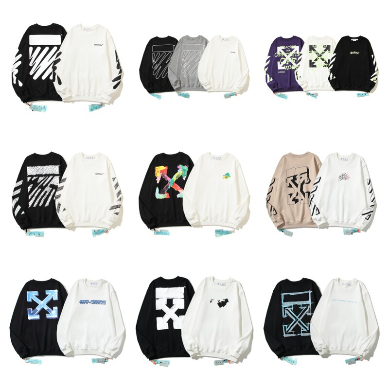 Cross-Border Cross-Border Off-White Pure Cotton Terry Men's and Women's Printed Round Neck Long-Sleeved Sweatshirt Ow Spring & Fall Sweatshirt