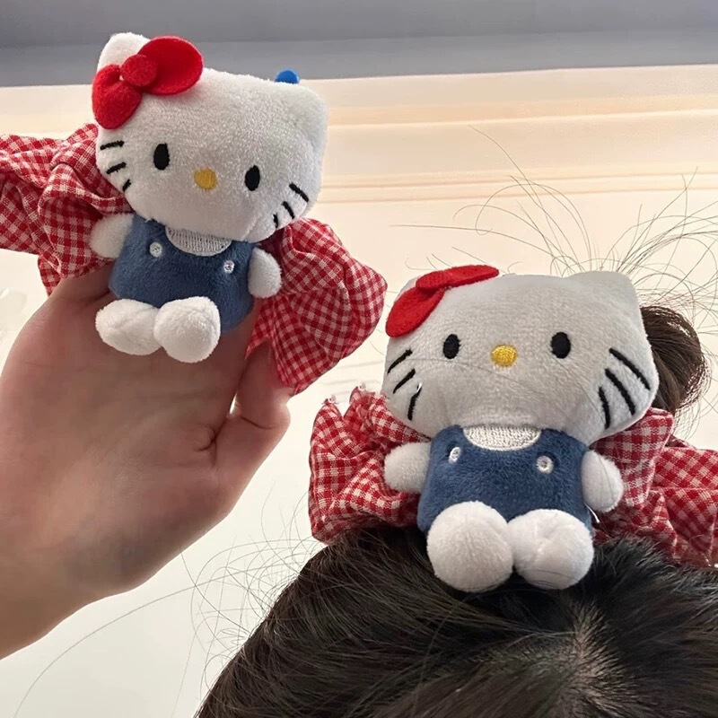 可爱卡通猫咪公仔红格纹发圈甜美少女百搭头饰高级感软萌扎发丸子|undefined