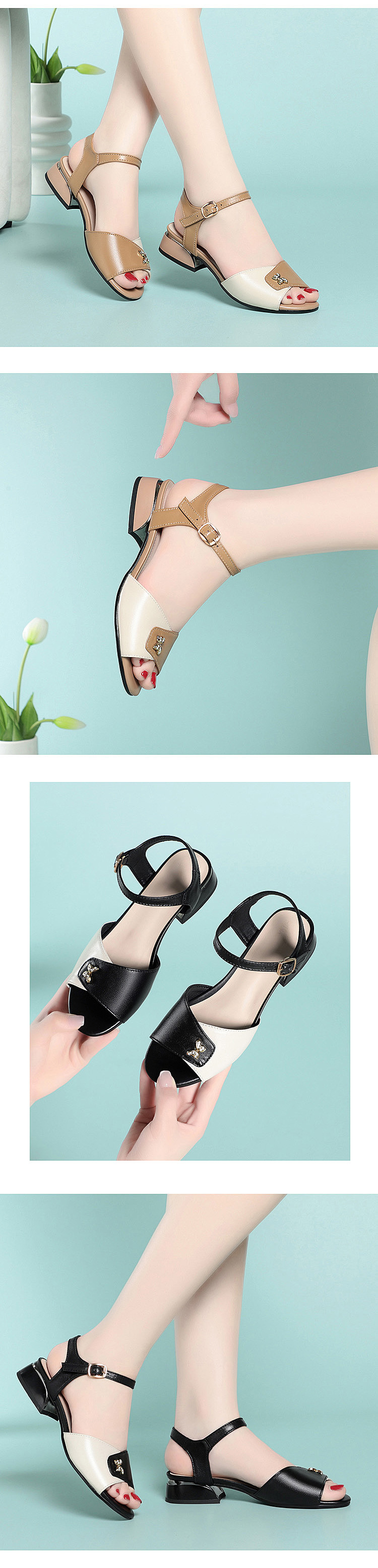 Sandal da thật nữ quai ngang đế mềm gót thô vừa phải — Màu đen chi tiết 5