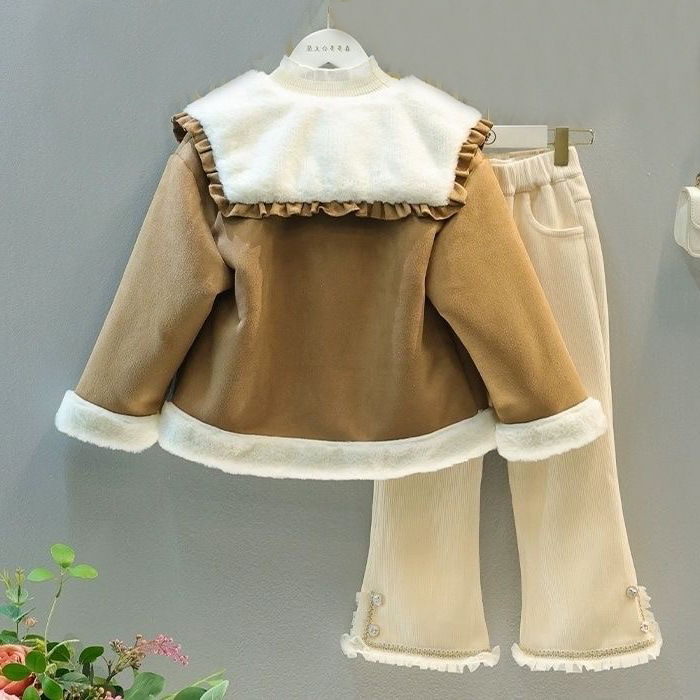 Mergaičių žieminis kostiumas mergaičių kailiukas viename korpuse plius vilnos storos paltinės kelnaitės dviejų dalių komplektas_voghion.com