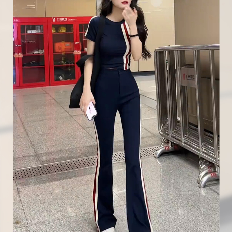 Internet Celebrity Fried Street Sportswear suit Women's Summer 2025 New Fashion Western Style Slim-fit Slim-fit Flare Pants Two-piece Set