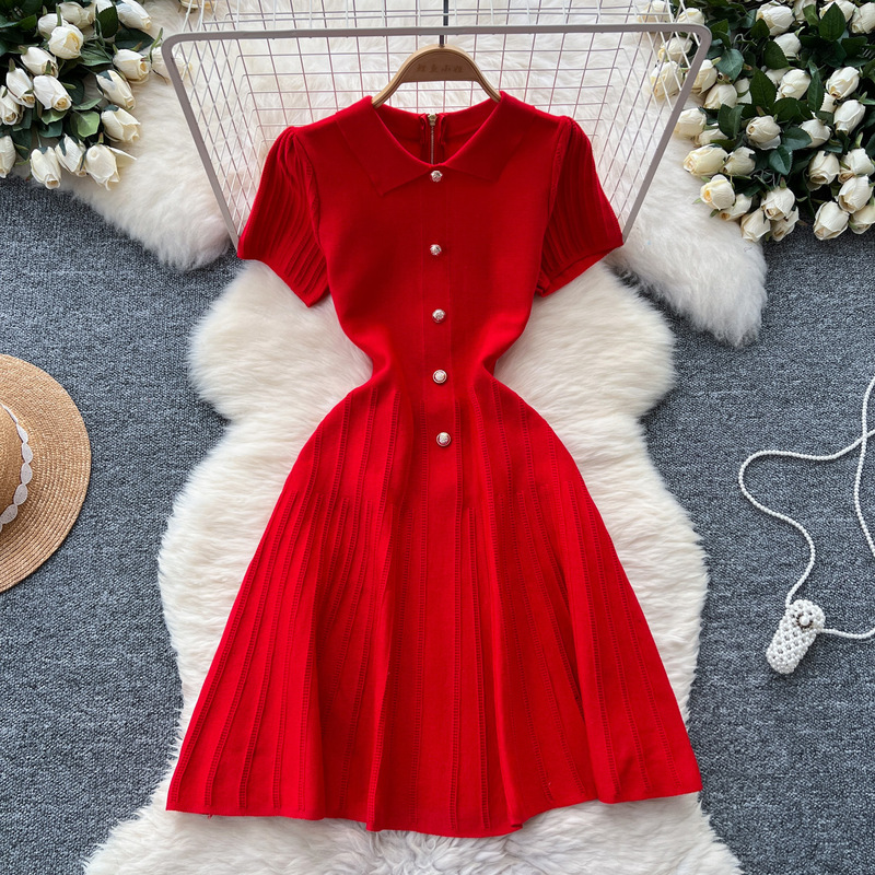 French Retro Lel Short-sleeved dress Women's Chanel-style Tight Waist Slimming Elegant Single-breasted Age-reducing Sweater Skirt