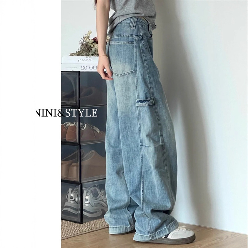Light-colored wide-leg workwear jeans for women, new autumn 2025 model, high-waisted, slimming, lightweight, loose straight-leg curved pants Light-colored wide-leg workwear jeans for women, new autumn 2025 model, high-waisted, slimming, lightweight, loose straight-leg curved pants
