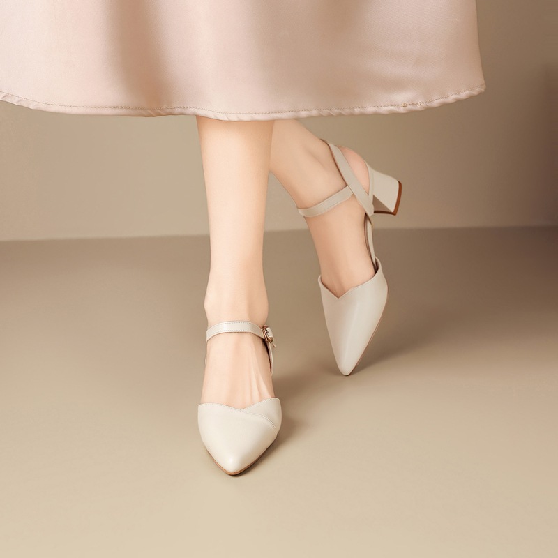 Sandal nữ cao gót quai ngang mũi nhọn phong cách Pháp — KN392 Màu be