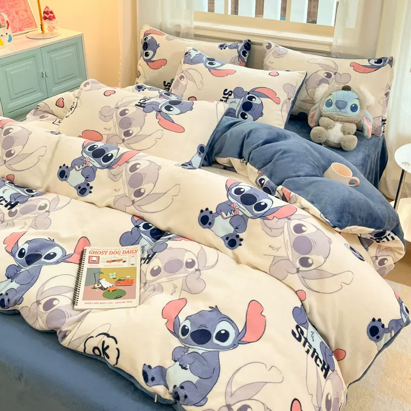 秋冬加厚保暖可爱蓝色小怪兽牛奶绒机器猫1.5m1.8床单被套3四件套