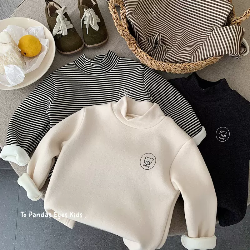 男童半高领打底衫加绒加厚T恤秋冬款童装秋冬儿童宝宝条纹上衣潮