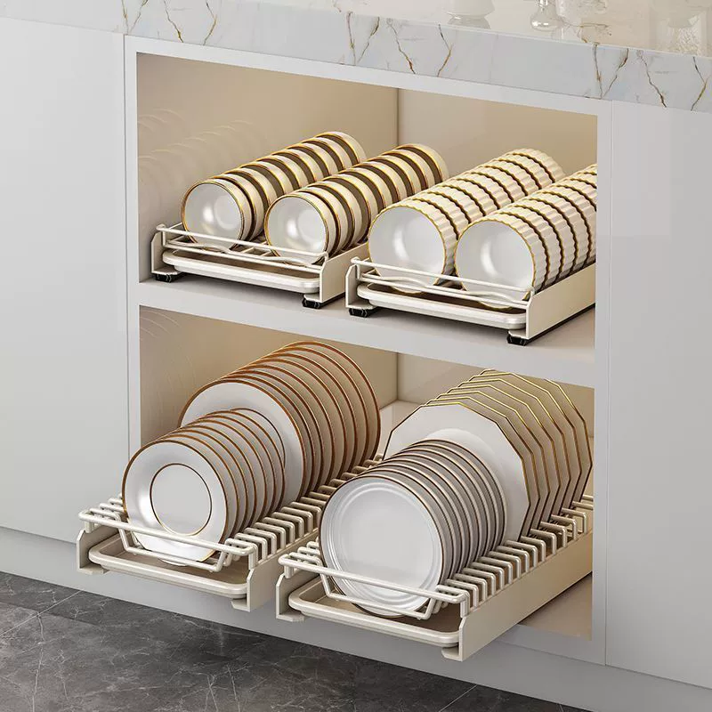 Kitchen Dish Storage Rack with Built-In Cabinet and Pull-Out Drawer - Upgraded Smooth Guide Rails
