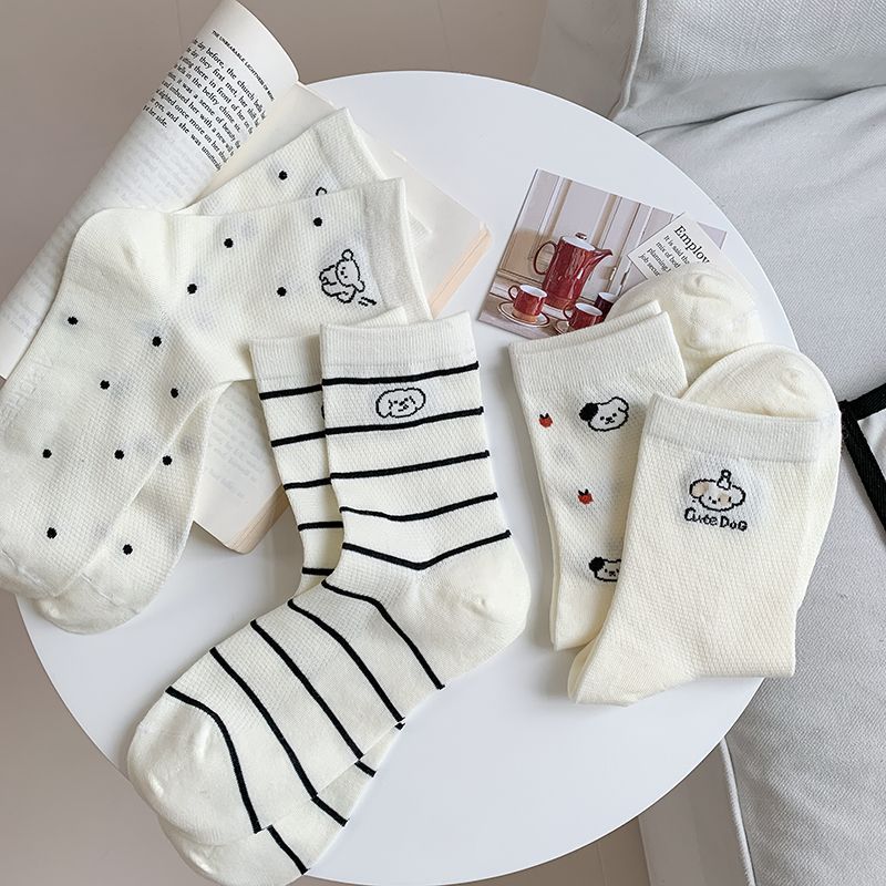 White cartoon cute cotton summer breathable knee socks for students