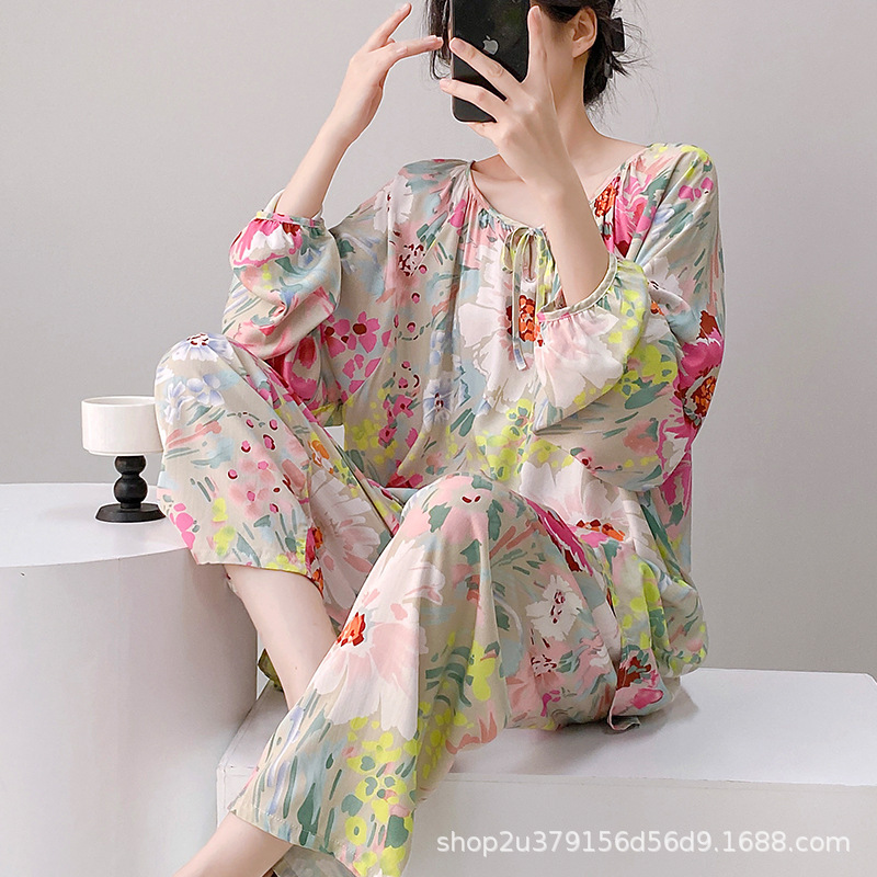 2025 New Cotton Silk Pajamas for Women, Long-Sleeved Artificial Cotton, Cool and Long, Chinese Style Home Clothes, Spring, Autumn and Summer