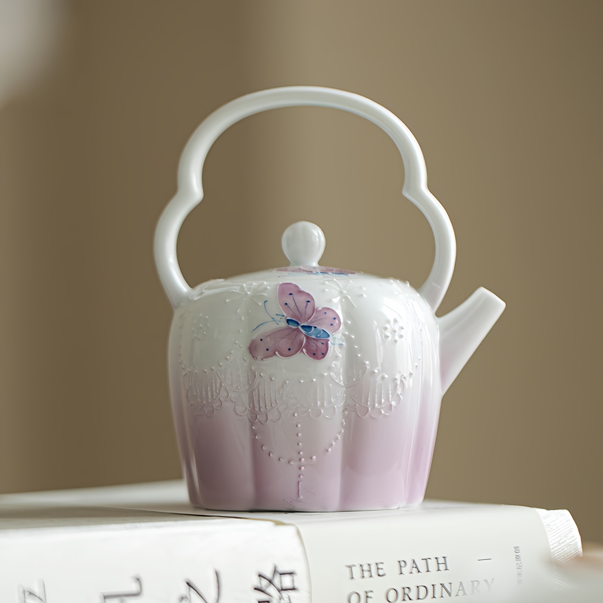 隐川堂玉泥手绘有田烧蝴蝶渐变紫提梁壶功夫茶具球孔过滤陶瓷茶壶