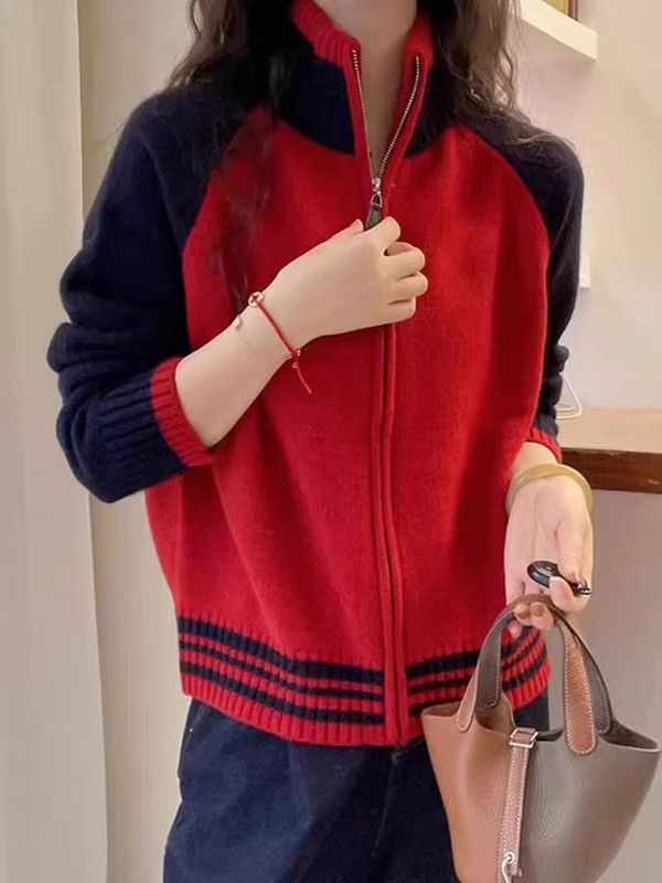 秋冬拼色软糯棒球服拉链针织开衫外套女新款慵懒气质时尚宽松开衫|undefined