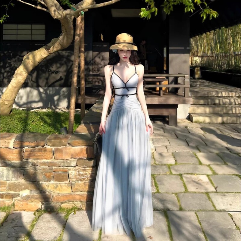 French-Style Romantic Pleated Waist-Cinching Slimming Spaghetti Strap Dress, Sanya Seaside Vacation Style, Elegant Photo-Worthy Mesh Long Dress