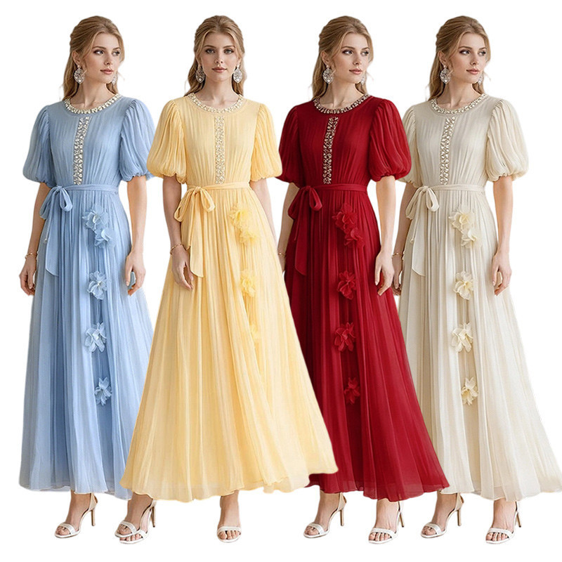 Cross-Border 2026 Fashionable and Elegant Bohemian Dress with Puff Sleeves, Tie-Up Design, and Patchwork Long Dress