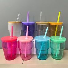 12oz小酒杯热升华梅森单双层玻璃杯 3oz可乐杯磨砂吸管玻璃竹盖杯