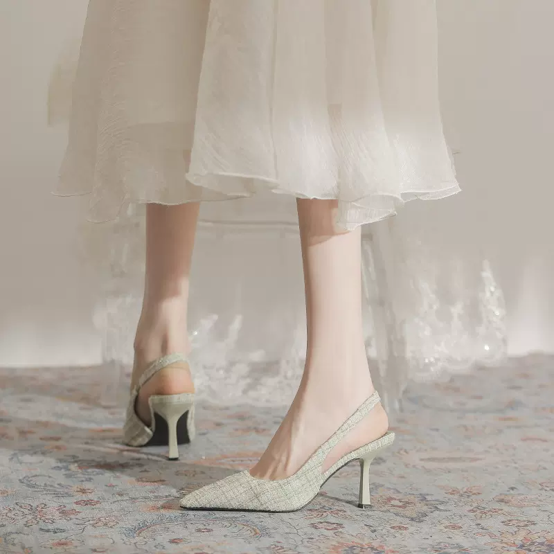 高级感小香风细跟尖头高跟凉鞋女夏季新款后空包头配裙子单鞋代发