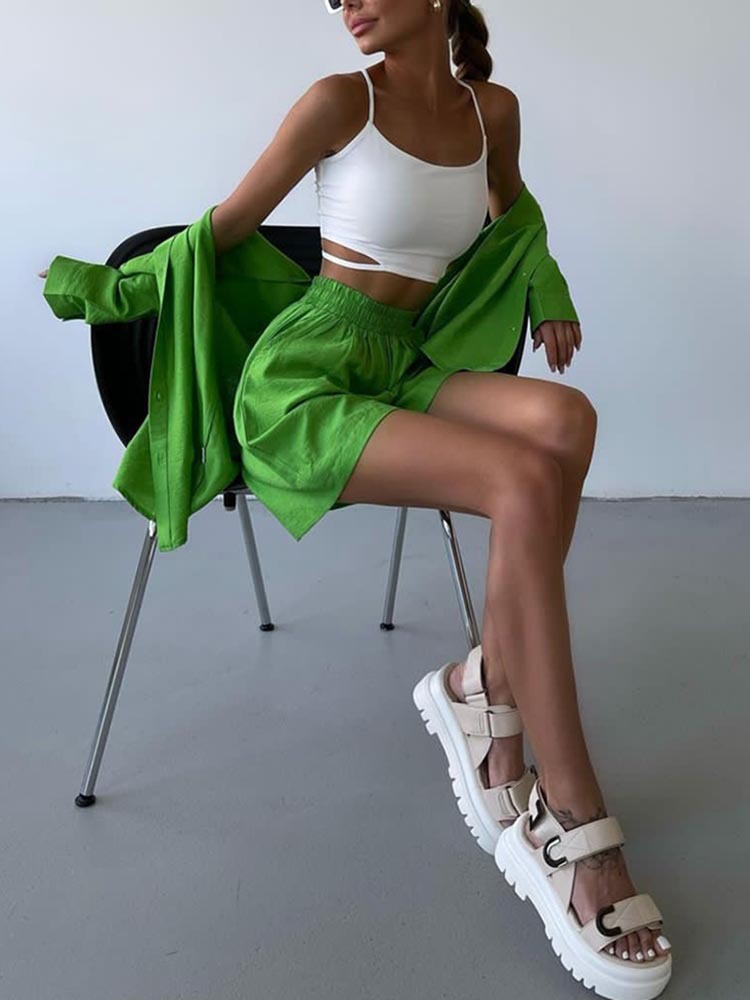 Women's Casual Solid Colour Long Sleeve Loose Sports Shorts Set_voghion.com