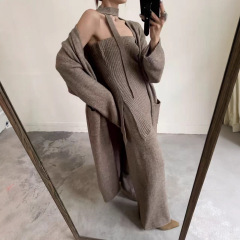 跨境休闲针织套装女2025秋冬新款长款针织外套抹胸背心裤子三件套