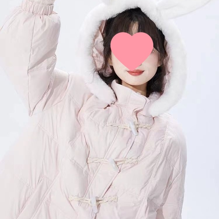 粉色牛角扣长款白鸭绒羽绒服女冬季可拆卸兔耳朵连帽保暖宽松外套