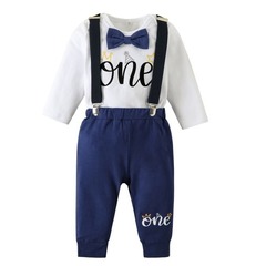 歐美嬰幼兒男童ONE字母西服領結周歲生日男嬰紳士套裝純棉兩件套