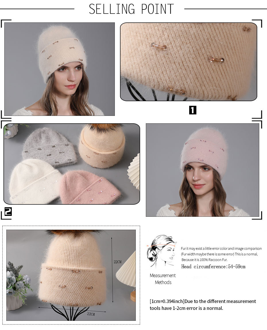 Poils de lapin tricotés pour enfants, mode chaude d'hiver. La laine est polyvalente pour les femmes avec des bords retournés et un double pli_voghion.com
