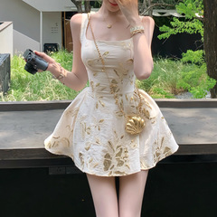 法式吊带连衣裙女 2025夏季棉麻a字裙公主裙印花气质裙子修身短裙