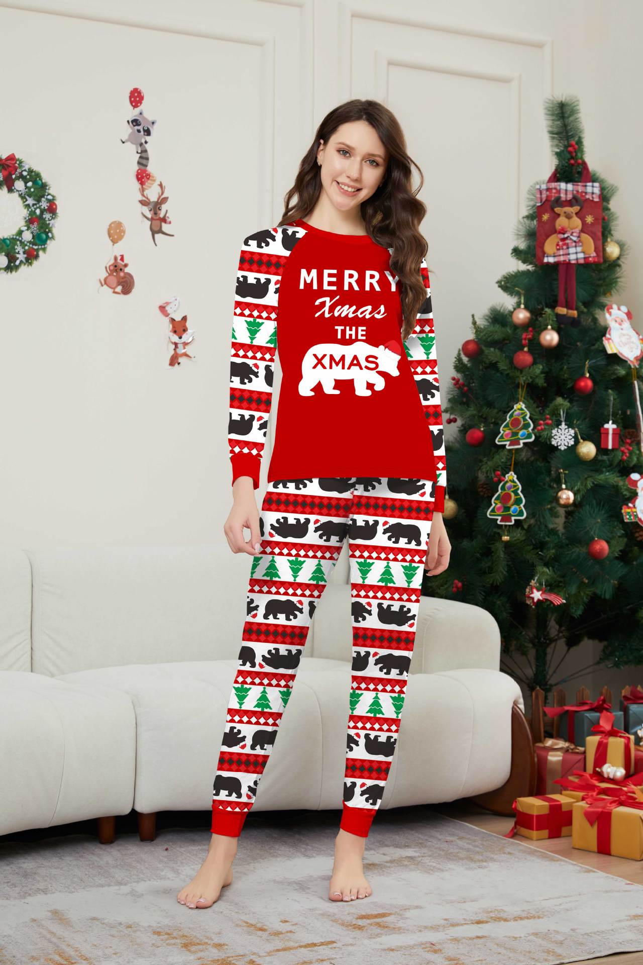 Christmas tree Bear letter stripes Christmas family dress printed home wear_voghion.com