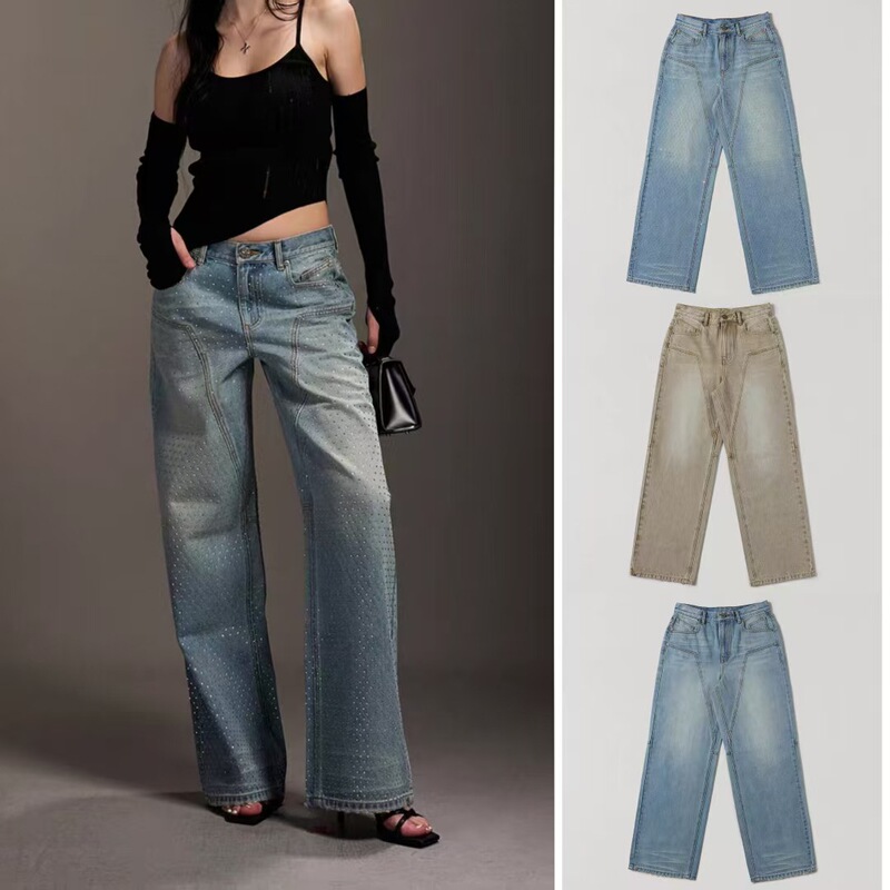 S K Phantom Statue Straight-Leg Jeans Cotton Rhinestone-Studded Long Pants S K Phantom Statue Straight-Leg Jeans Cotton Rhinestone-Studded Long Pants
