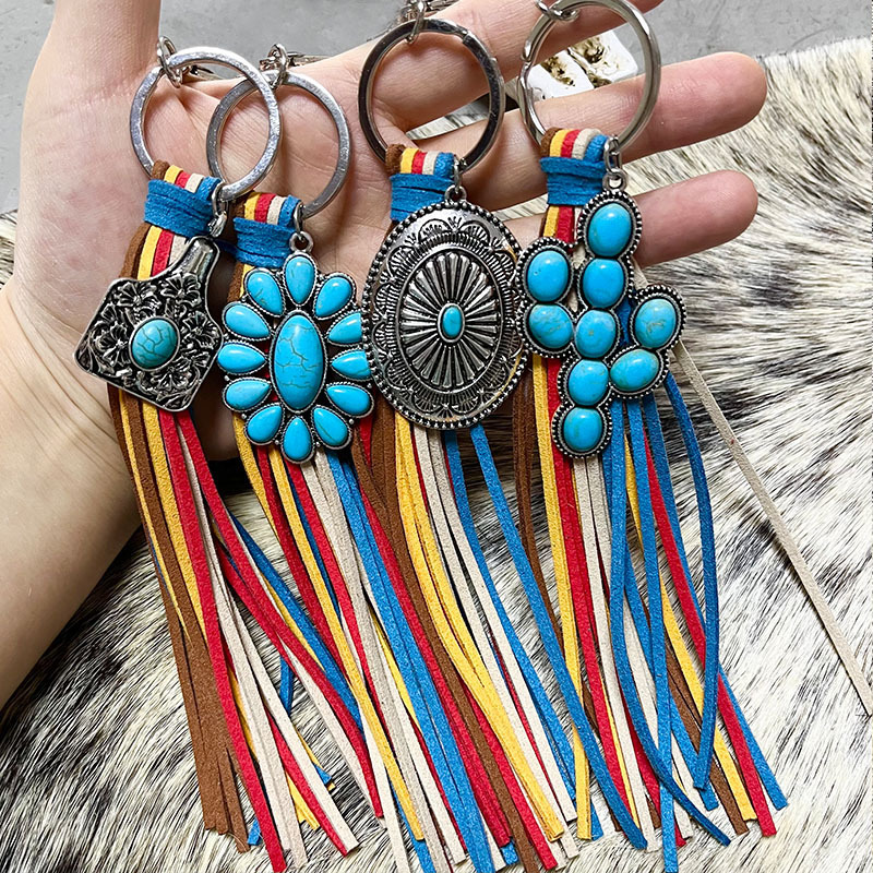 Cross-border Amazon Jewelry pendant multi-color tassel turquoise vintage National style keychain Western style key set