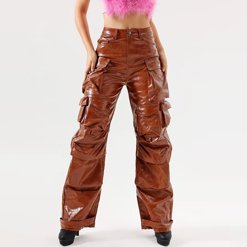 Fashion Trendy Workwear Pants for Women 2026 Summer New Style Solid Color Mid-Waist Multi-Pocket Pu Leather Loose-Fit Long Pants Women's Clothing