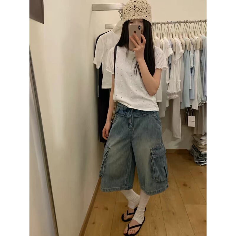 Korean-style new summer workwear denim cropped pants for women, loose and slimming, versatile, vintage washed wide-leg skirt-style mid-length pants Korean-style new summer workwear denim cropped pants for women, loose and slimming, versatile, vintage washed wide-leg skirt-style mid-length pants