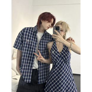 2025 Summer Couple Wear Women's Niche Design Halter Neck Sleeveless Dress Blue Plaid College Style Waist Long Skirt
