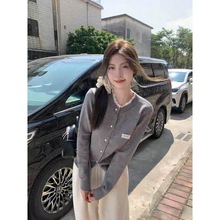 miu系拼接蕾丝软糯针织开衫女春秋慵懒宽松开叉毛衣外套羊绒上衣